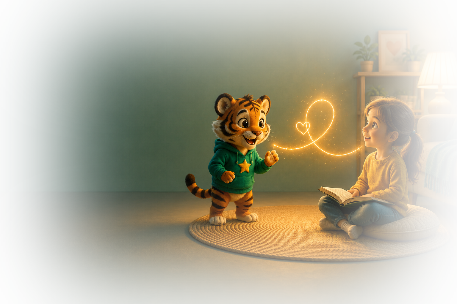 Taro the tiger sharing a parent's message with a child through a glowing thread of light